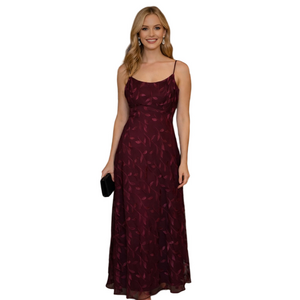 Y2K Maxi Dress Gown Burgundy Burnout Leaf Print Maxi Dress Sleeveless Strapy